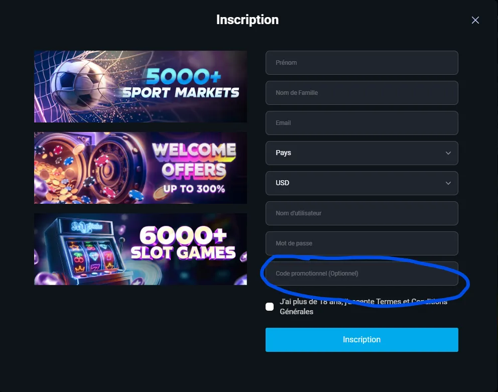 Formulaire d'inscription MyStake avec le champ code promotionnel entouré