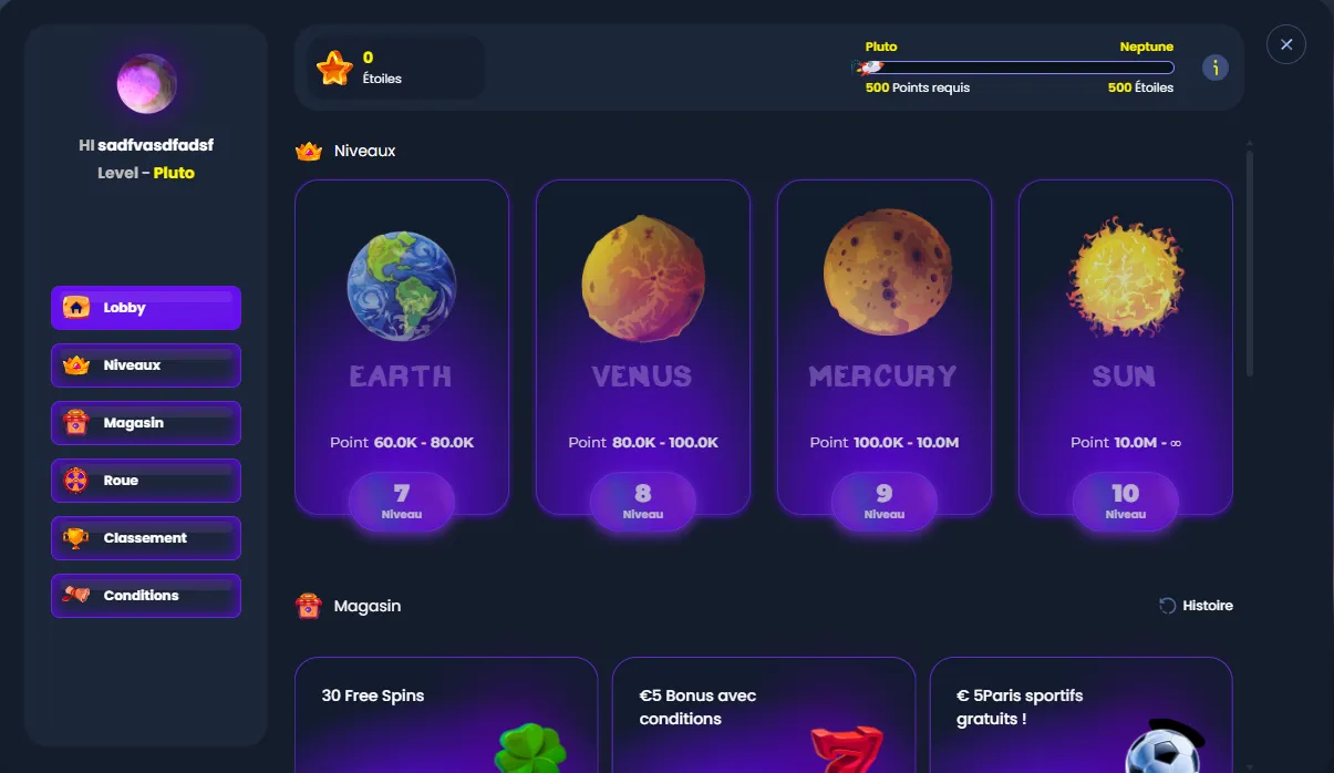 Niveaux du programme VIP MyStake, de Pluto à Sun, avec la boutique de points