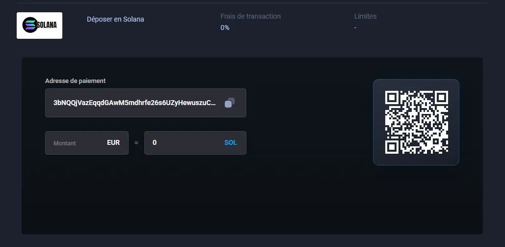 Dépôt en Solana sur MyStake avec l'adresse de paiement et le QR code