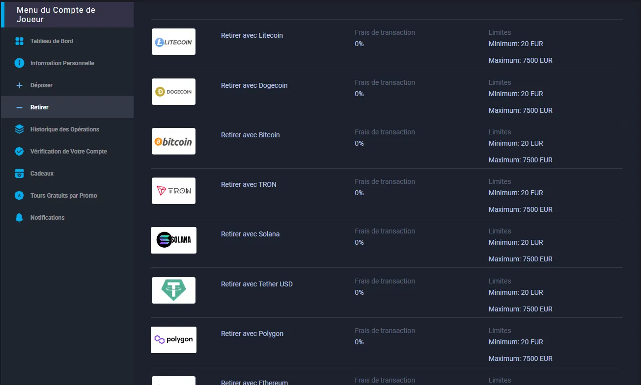 Page de retrait MyStake avec les méthodes crypto et les limites